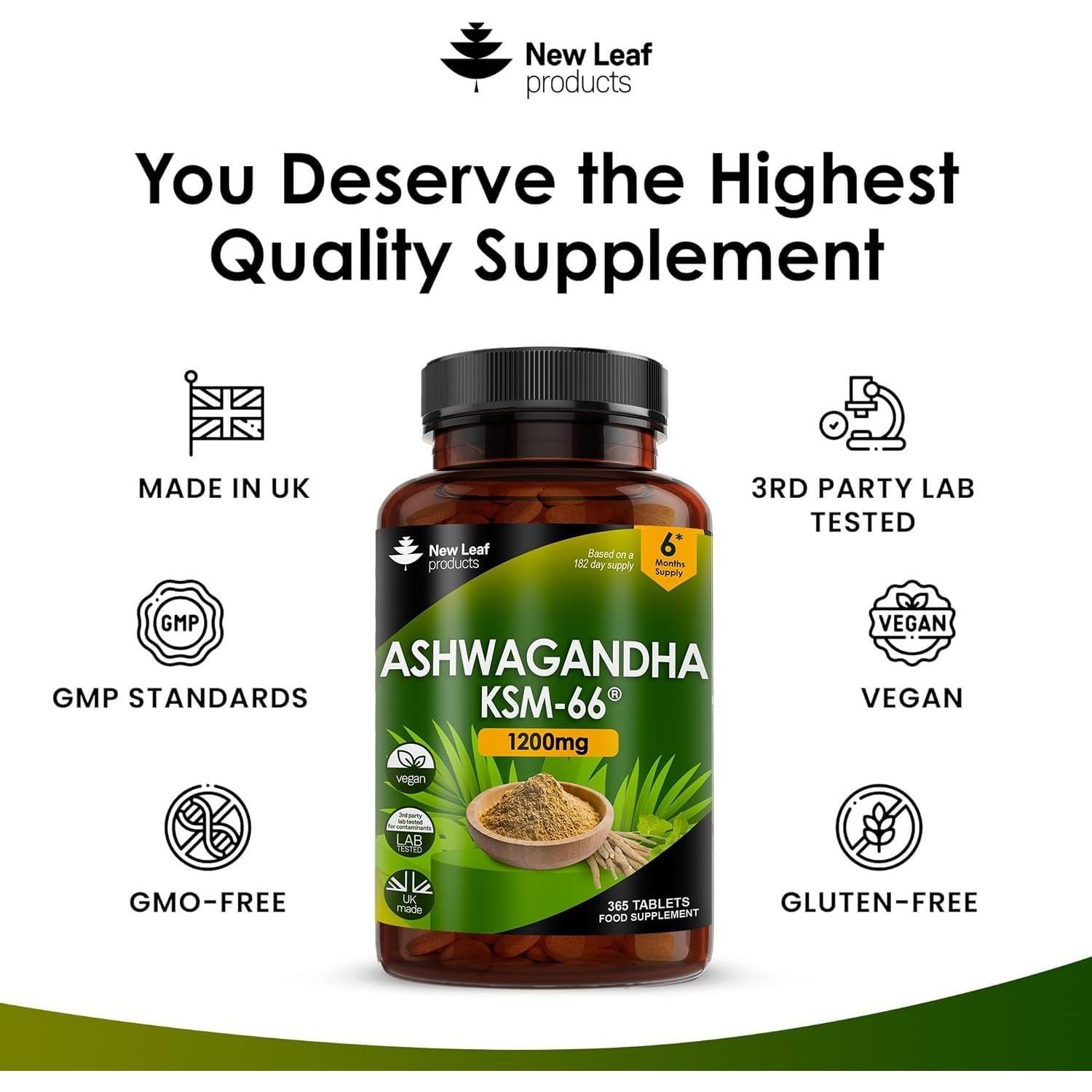 Ashwagandha KSM 66-365 (6 Months Supply) 1200Mg Vegan Tablets Pure High Strength Root Extract - Ashwagandha KSM Tablets Supplement (Not Capsules or Gummies) Non-Gmo & UK Made (6 Months Supply)