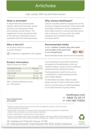 Healthspan Artichoke Extract 360Mg (120 Tablets) | Supports Digestion & Liver Health | High Strength Vegan Artichoke Tablets with 7.2Mg of Cynarin | with Calcium, Folate & Vitamin B6 | Vegan