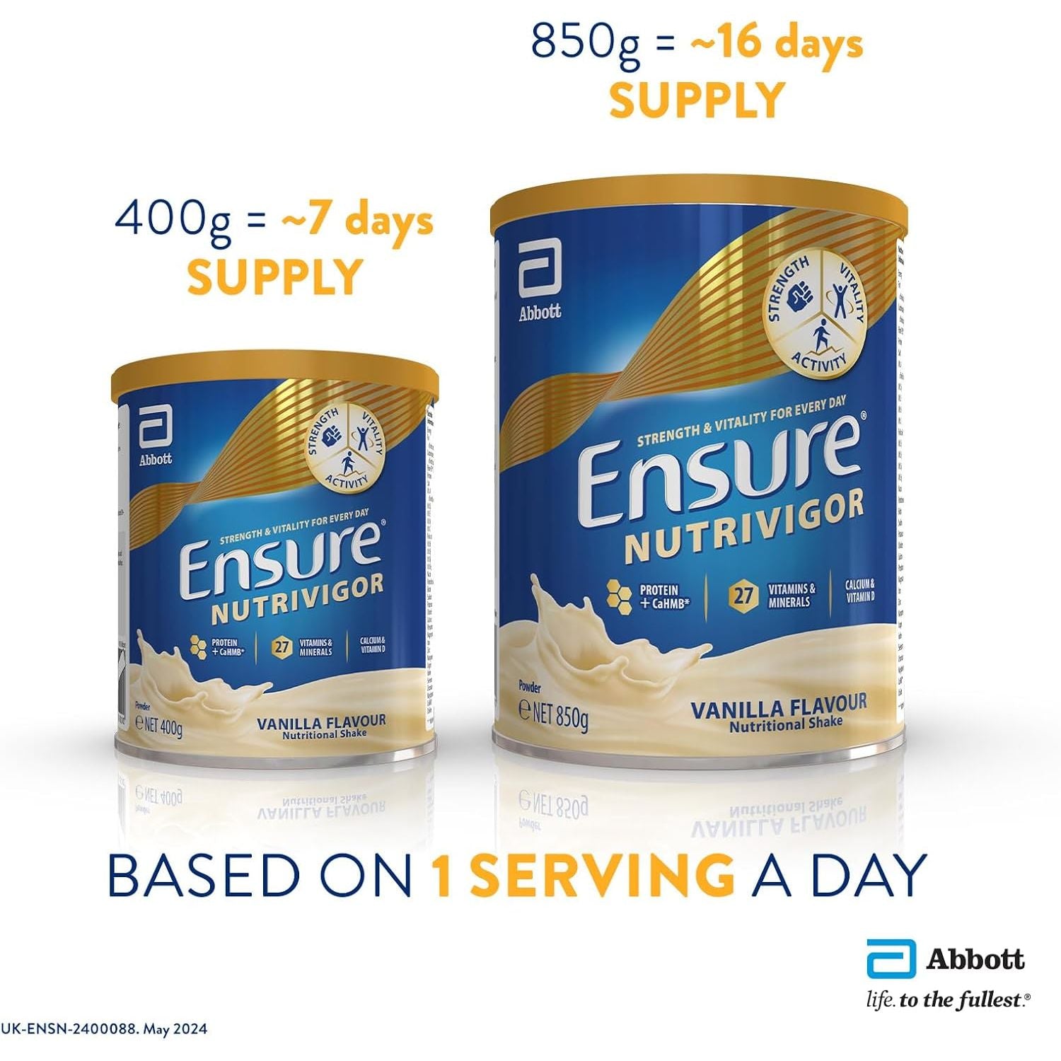 Ensure Nutrivigor Nutritional Shake – Vanilla Flavour – 850G – Food Supplement with Protein, HMB & 27 Vitamins & Minerals – Supports Strength, Energy & Immunity – with Vitamin D, C & B