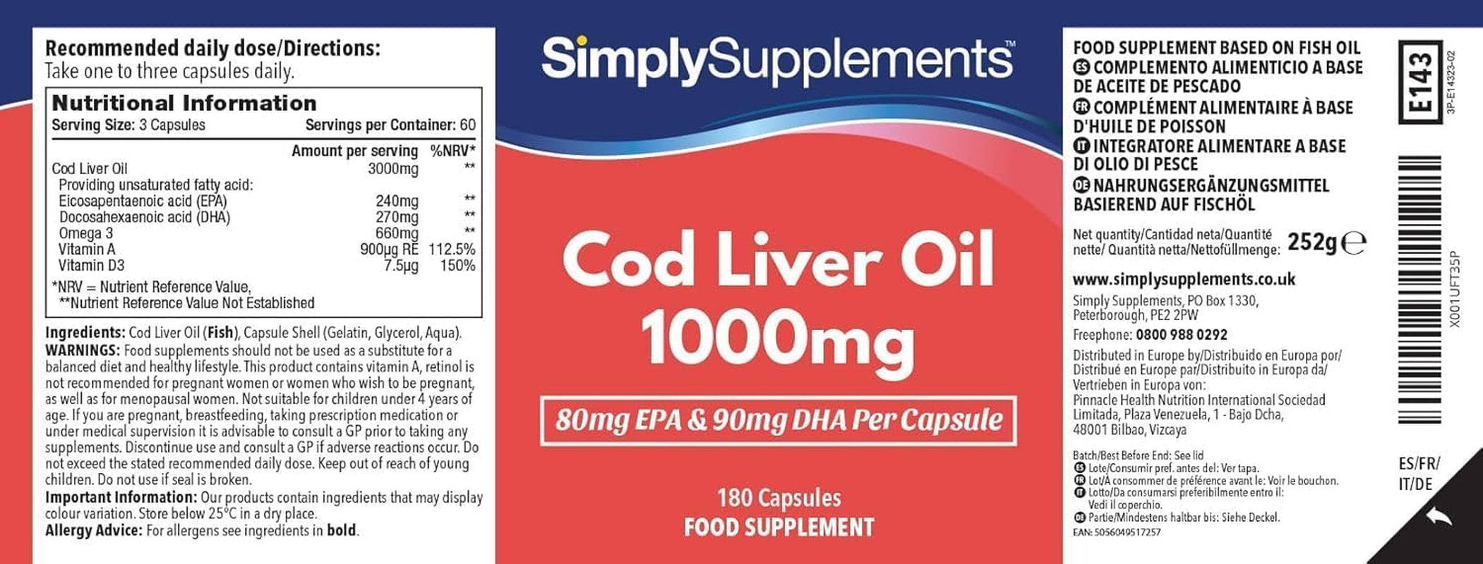 Pure Cod Liver Oil 1000Mg | Supports Heart, Brain, Vision & Immune Health | Rich in Omega 3 Fatty Acids | 240Mg of EPA and 270Mg of DHA per Serving | 180 Capsules = 2 Months' Supply | Made in the UK