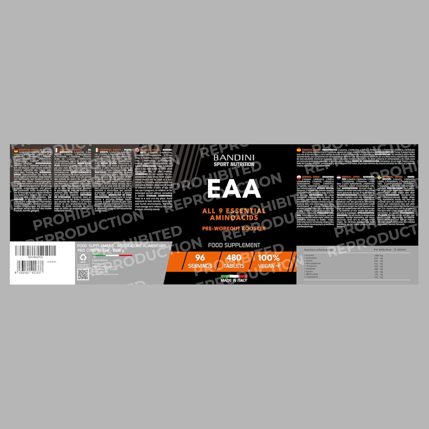 Bandini® EAA Essential Amino Acids | 480 Tablets 96-Day Supply | with All 9 Eaas Intra, Pre and Post Workout | Amino Acid Supplements for Sport | NO Additives, EAA Amino Acids, Vegan Friendly