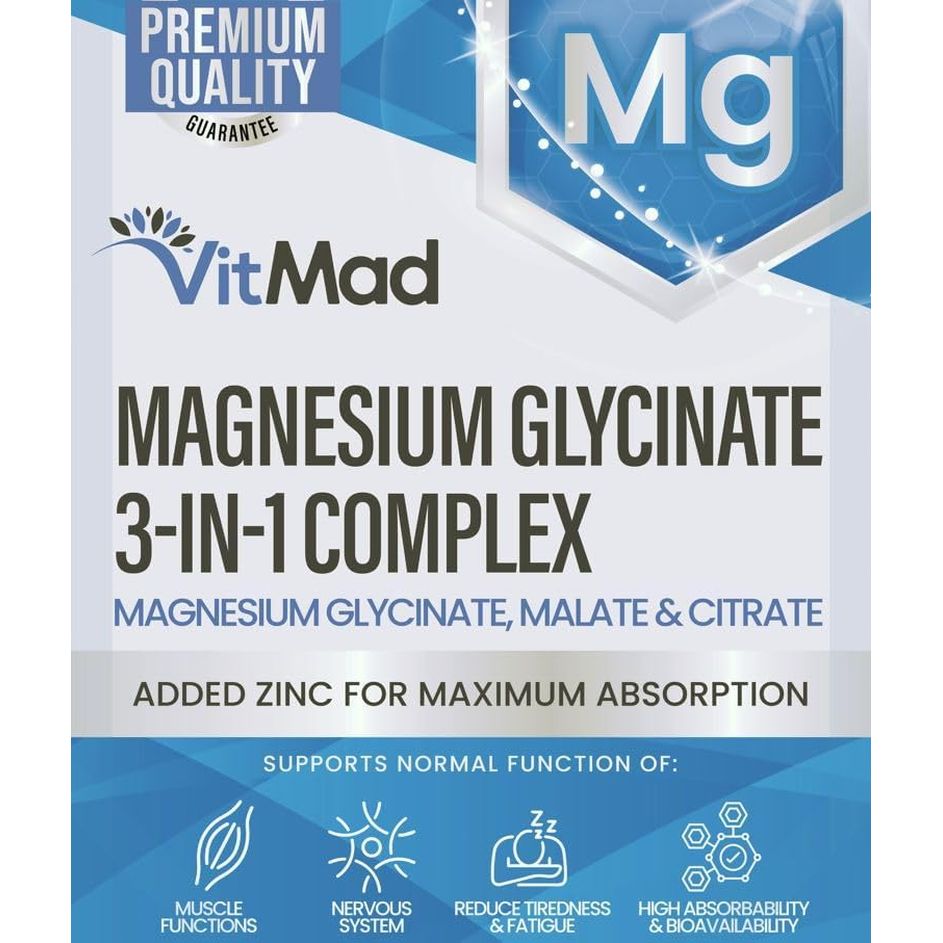 Magnesium Glycinate 3-In-1 Complex - Bisglycinate, Citrate & Malate Vegan Capsules, Added Zinc to Maximise Absorption 380Mg Elemental 100% NRV, UK Made (60)