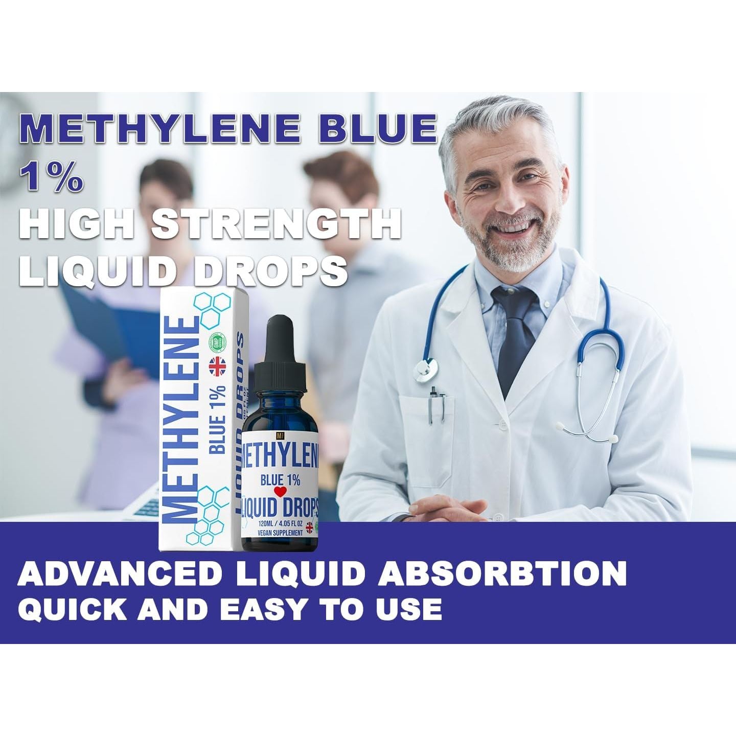 Methylene Blue 1% Solution Drops 120 Ml | Highest Purity 99.99% | USP Pharma Grade Ingredients | High Strength Methylene Supplement | Formaldehyde Free | Multiminerals | Glass Bottle | UK Company