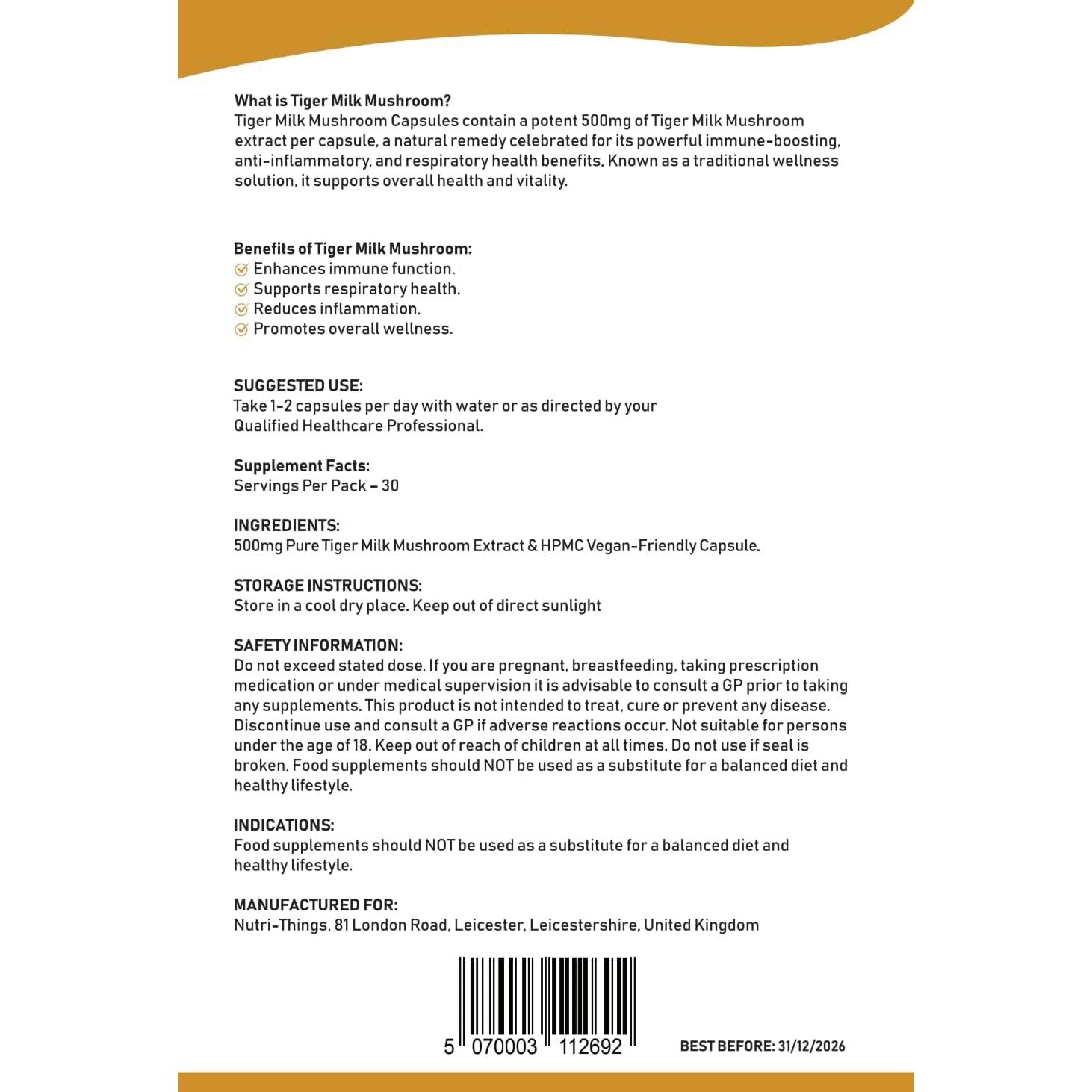 Tiger Milk Mushroom Capsules | Pure 500Mg Extract for Immune & Respiratory Support | Vegan-Friendly HPMC | Anti-Inflammatory Benefits | Enhances Lung Health | 60 Count Resealable Pack