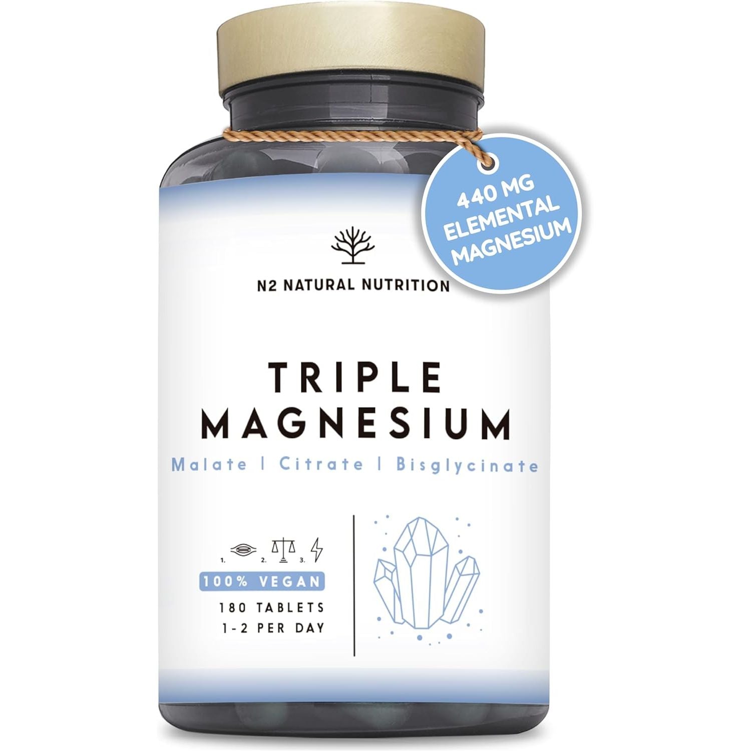 Triple Magnesium Glycinate 3-In-1 (6 Months) 2640 Mg Magnesium, Synergistic Complex with Malate, Citrate, Bisglycinate for Sleep, Energy, Muscles and Bones. 180 Tablets. N2 Natural Nutrition