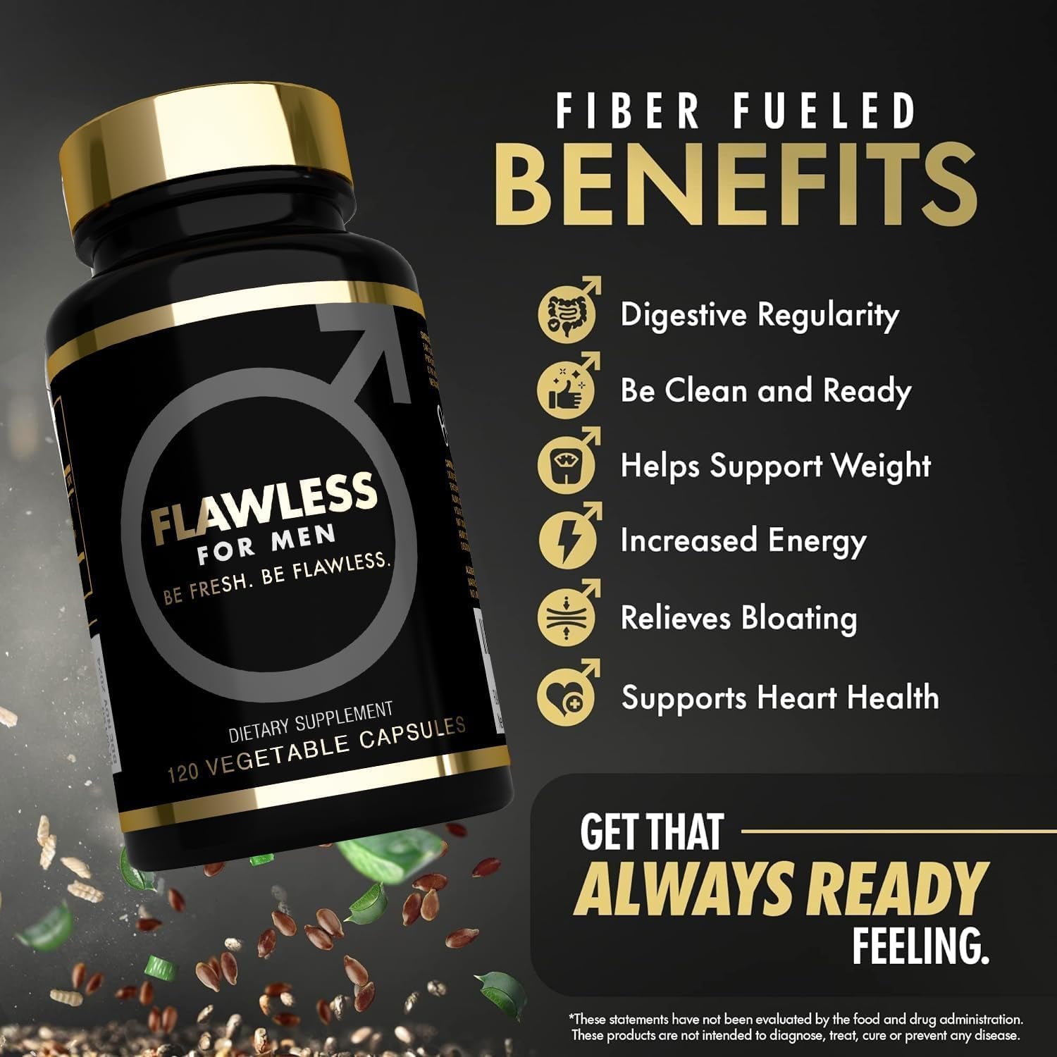 FLAWLESS for MEN Fibre Supplement 120 Capsules Psyllium Husk with Aloe Vera,Chia Seed & Flaxseed Powder Fiber, Gut Health, Cleanliness Constipation, IBS & Bloating Relief Soluble Fibre Pure Vegan.