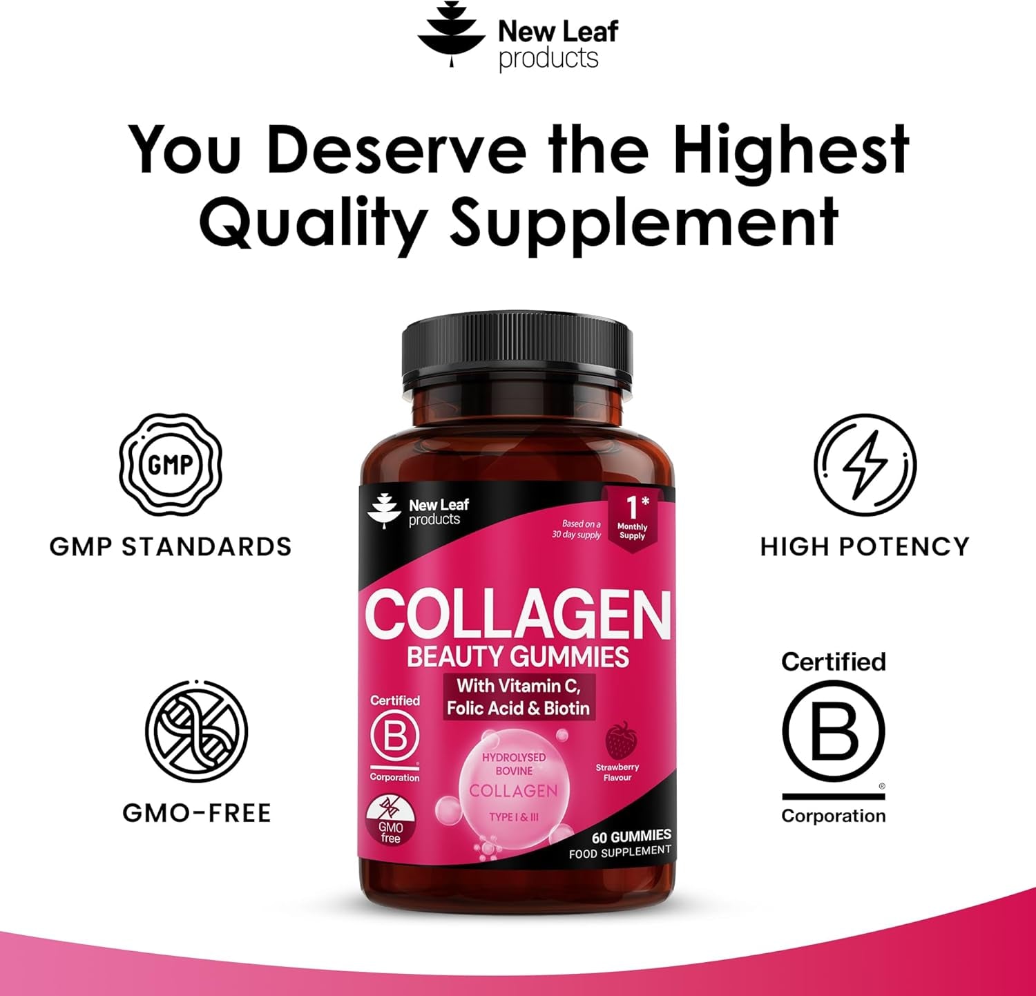 Collagen Gummies - High Strength Type L Bovine Collagan Beauty Supplement - Advanced Superior Type 1 Hydrolysed Collagen Peptides - Added Biotin, Vitamin C & Folic - 60 Gummies