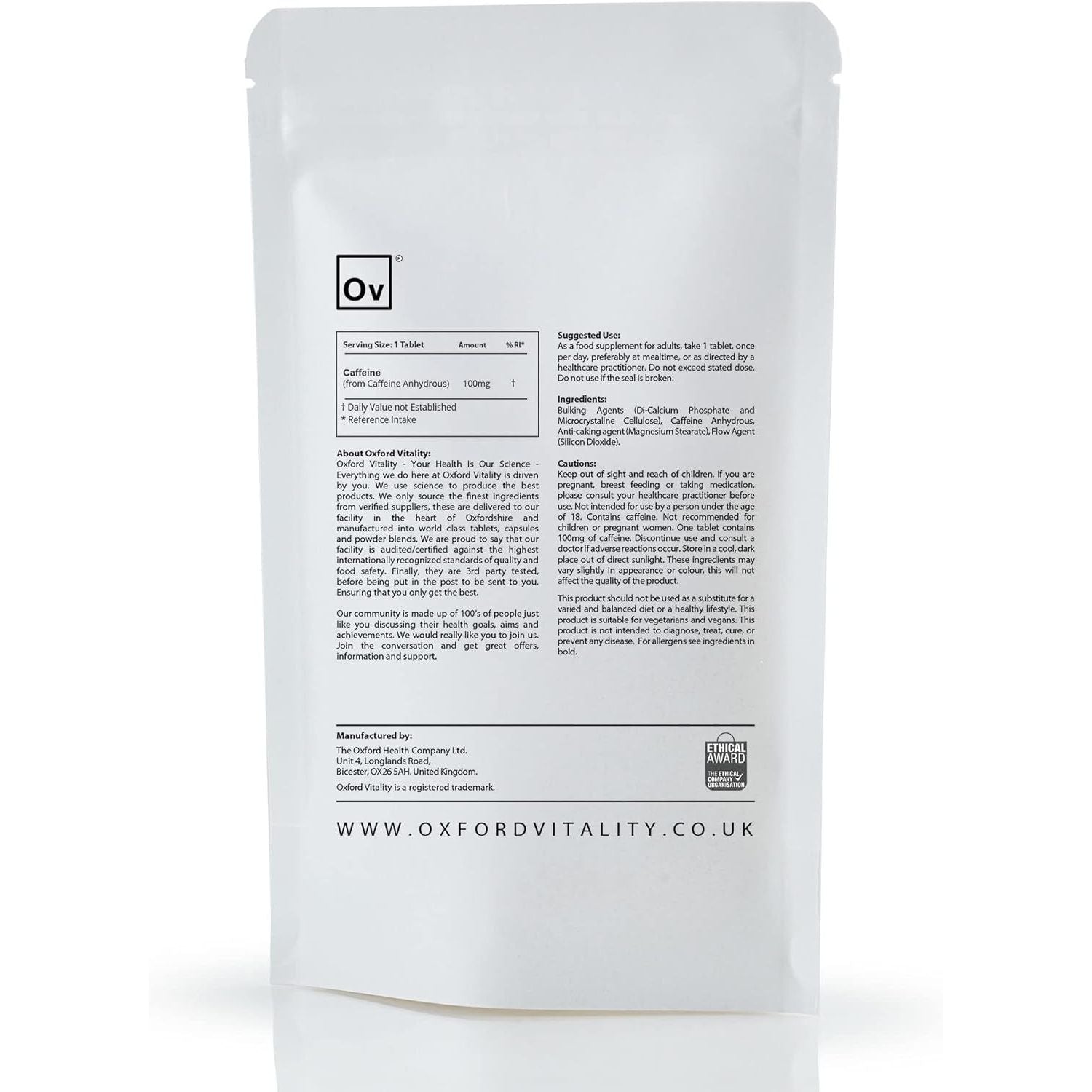 Caffeine 100Mg Tablets | Supplements for Weight Loss and Pre-Workout Energy | Oxford Vitality (120)