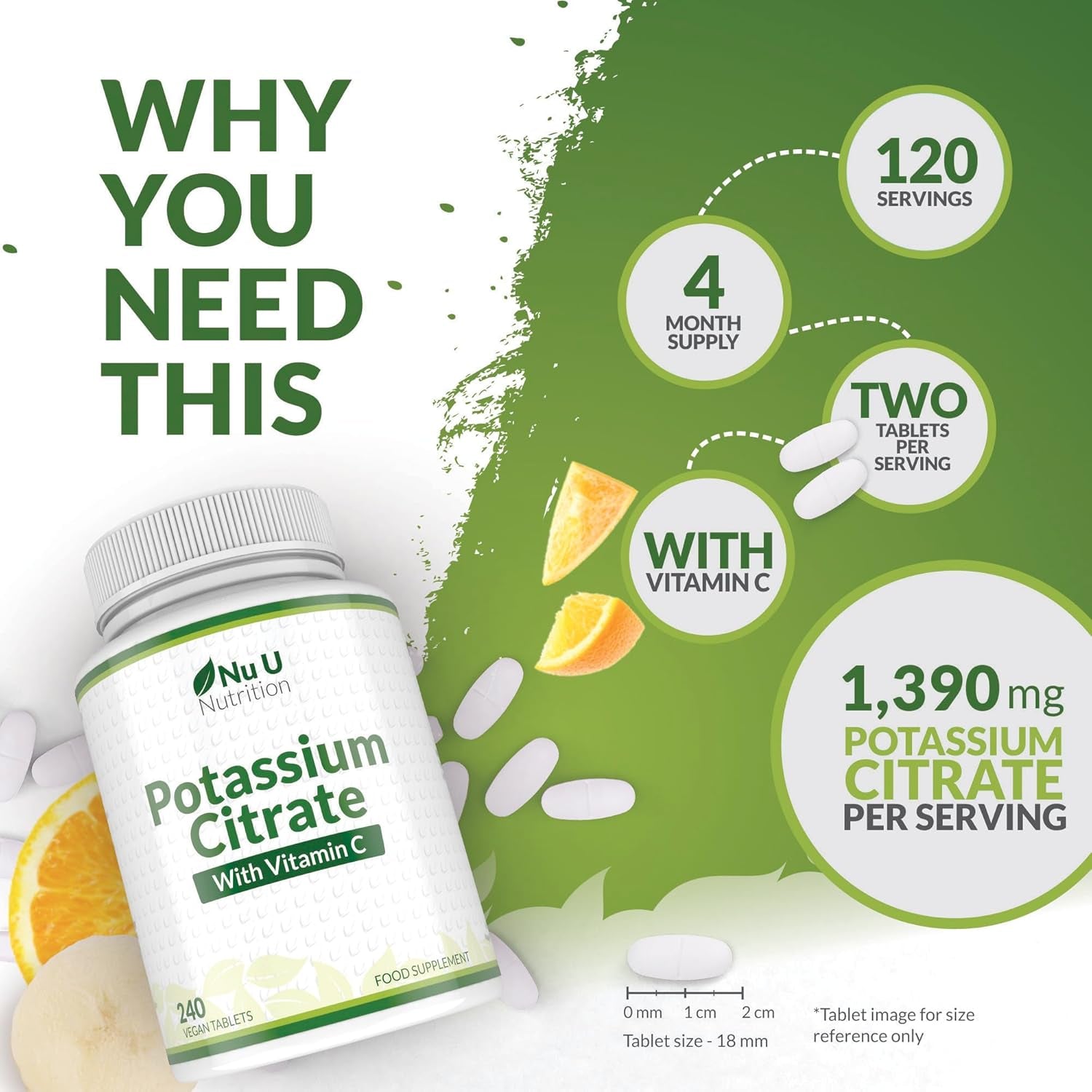 Potassium Supplement High Strength 1550Mg & Vitamin C - 240 Vegan Tablets - 4 Month Supply - Potassium Citrate for Natural Electrolytes Support - Made in the UK - Nu U Nutrition