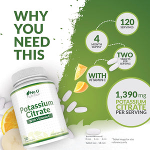 Potassium Supplement High Strength 1550Mg & Vitamin C - 240 Vegan Tablets - 4 Month Supply - Potassium Citrate for Natural Electrolytes Support - Made in the UK - Nu U Nutrition