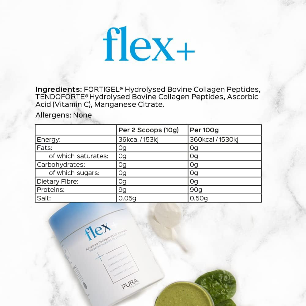 Pura Powdered Collagen Supplement (Flex +) | Hydrolysed Collagen Peptides with Vitamin C & Manganese | 284G (28 Servings)