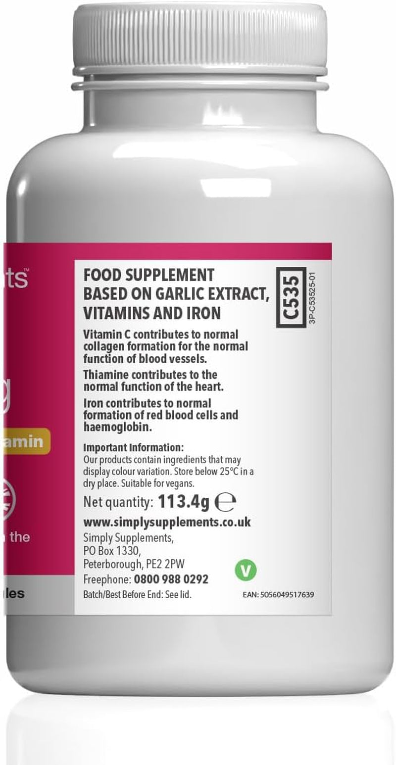 High-Strength Odourless Garlic Capsules | Supports Heart, Normal Blood Circulation & Immune Health | with Vitamin C, Iron & Thiamine | Vegan Friendly | 180 Capsules = 3 Months’ Supply | UK Made