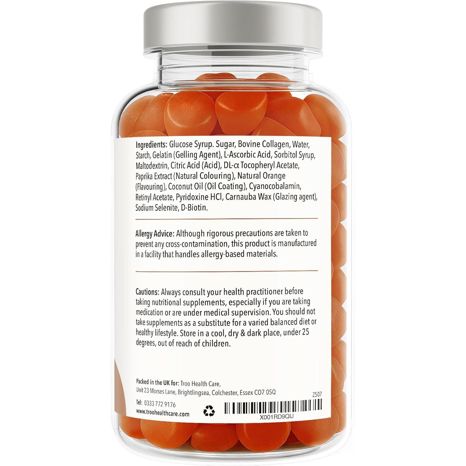 Troo Health Care Collagen Complex - 90 Natural Orange Gummies - One per Day Hydrolysed Collagen with Biotin, Vitamin C & Selenium - Three Months Supply – Healthy Skin & Hair for Men & Women