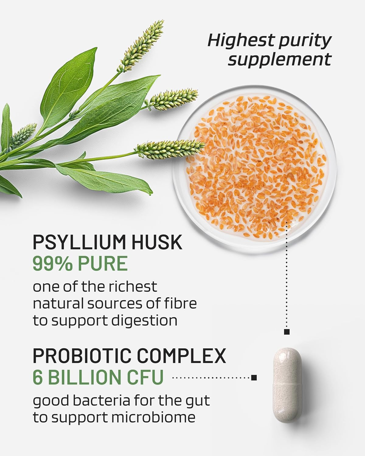 Psyllium Husks Capsules with Probiotics - High Fibre Supplement 1400Mg - Soluble Fiber Tablets High Strength - 60 Capsules - Pure Psyllium Husk & 6B Acidophilus Probiotic Complex for Digestive Support