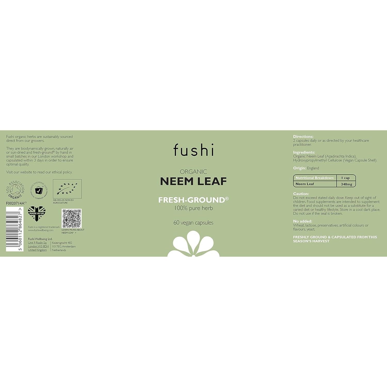 Fushi Organic Neem Leaf Capsules, 60 Caps | Fresh-Ground Whole Food | Detoxifying Properties | Cleansing Herb, Purify Both inside & outside Body | Ethical & Vegan | Made in the UK