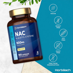NAC Supplement N-Acetyl-Cysteine 900Mg | 180 Vegan Capsules | Amino Acids High Strength | Free Form | by Horbaach