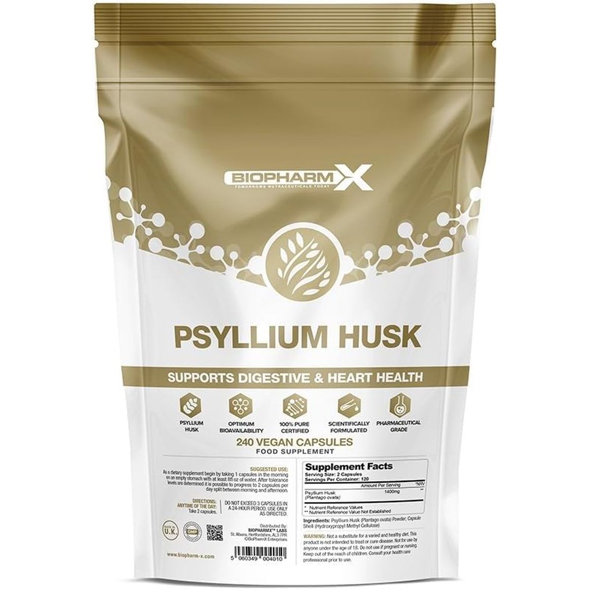 Psyllium Husk Capsules 1400Mg per Serving (240 Vegan Capsules) Natural High Fibre Supplement for Constipation Relief & Healthy Digestion, Gut Health/High Fiber Source