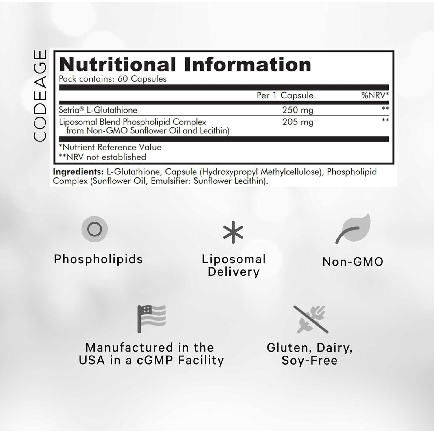 Codeage Liposomal Glutathione Supplement - Pure Reduced Setria L Glutathione Skin - Nano Encapsulated Glutathione Powder Pills - Phospholipids - Antioxidant Complex - Vegan, Non-Gmo - 60 Capsules