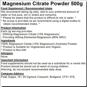 Magnesium Citrate Powder 500G | Muscle Function | Fatigue | High Strength | Vegan