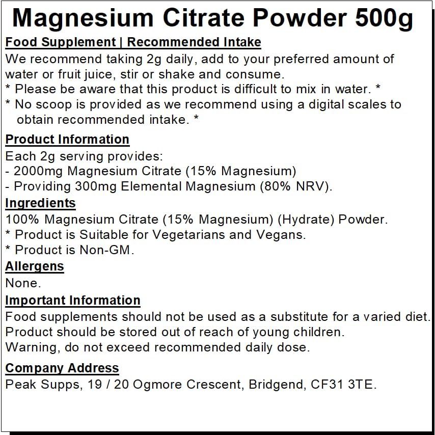 Magnesium Citrate Powder 500G | Muscle Function | Fatigue | High Strength | Vegan