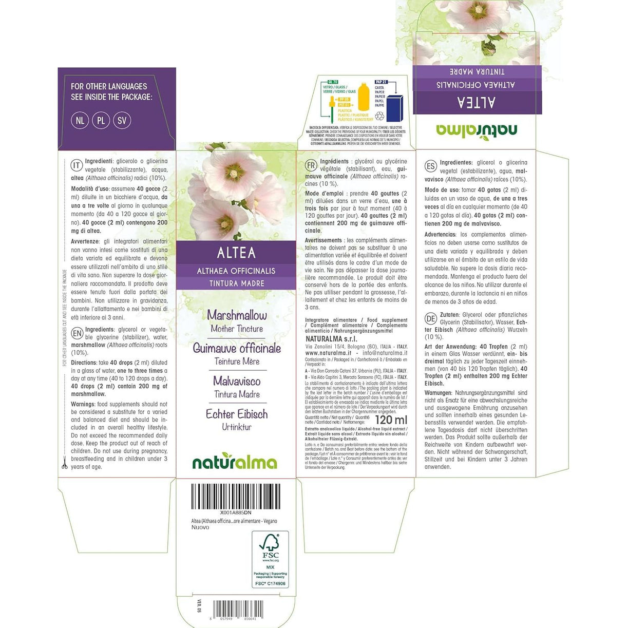 Marshmallow (Althaea Officinalis) Roots Alcohol-Free Mother Tincture Naturalma - Liquid Extract Drops 120 Ml - Food Supplement - Vegan