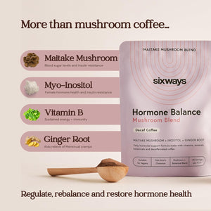 Sixways Hormone Balance, Mushroom Coffee, Decaf Coffee Flavour, Functional Mushroom Powder, Myo-Inositol PCOS Supplement, 30 Servings (150G), Myo-Inositol, PMS Support, Vegan, 200Ug Chromium