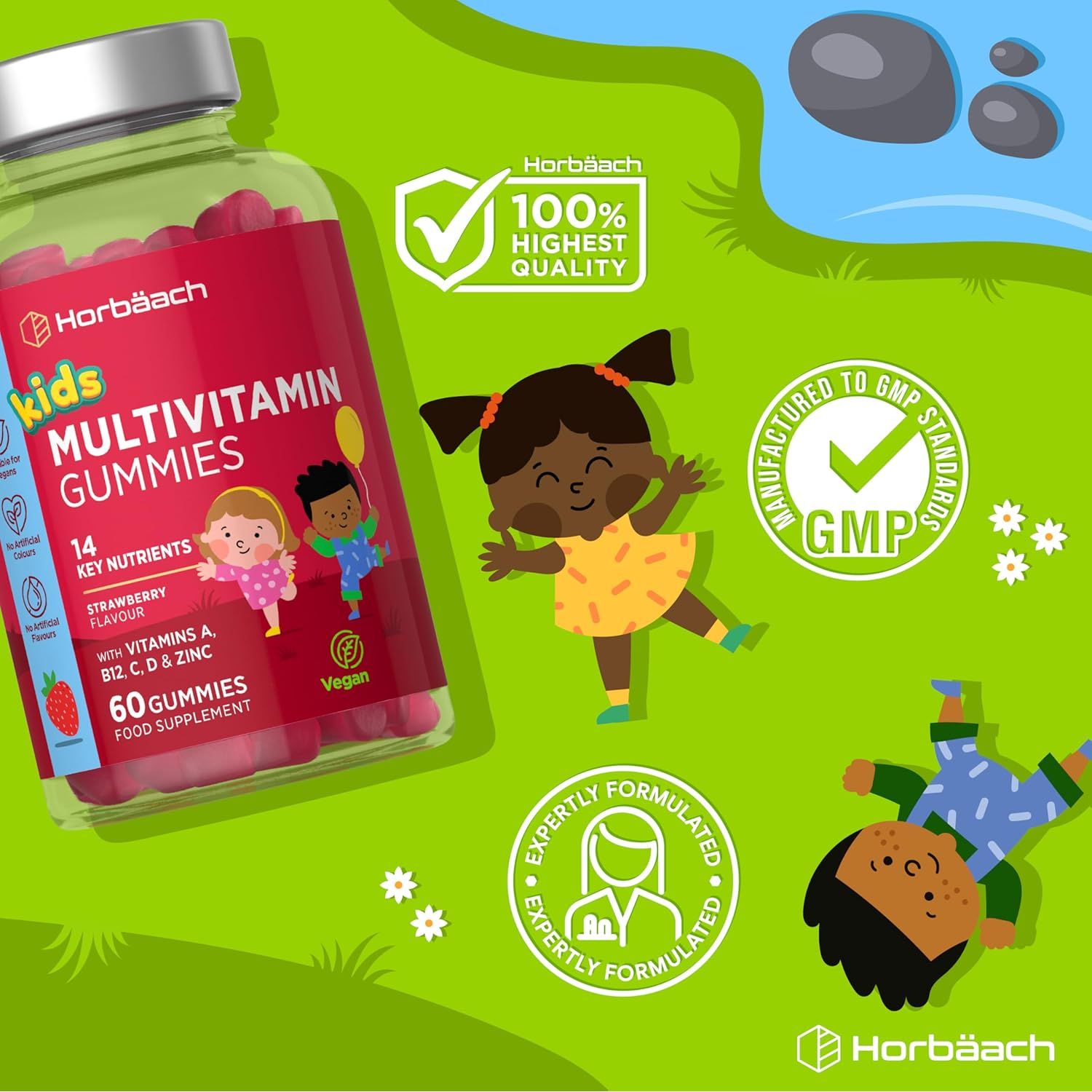 Kids Multivitamin Gummies | 60 Count (2 Months Supply) | 14 Essential A-Z Nutrients | with Vitamin A, B12, C, D & Zinc | Strawberry Flavour | Vegan Gummy Supplement for Ages 4+| by Horbaach