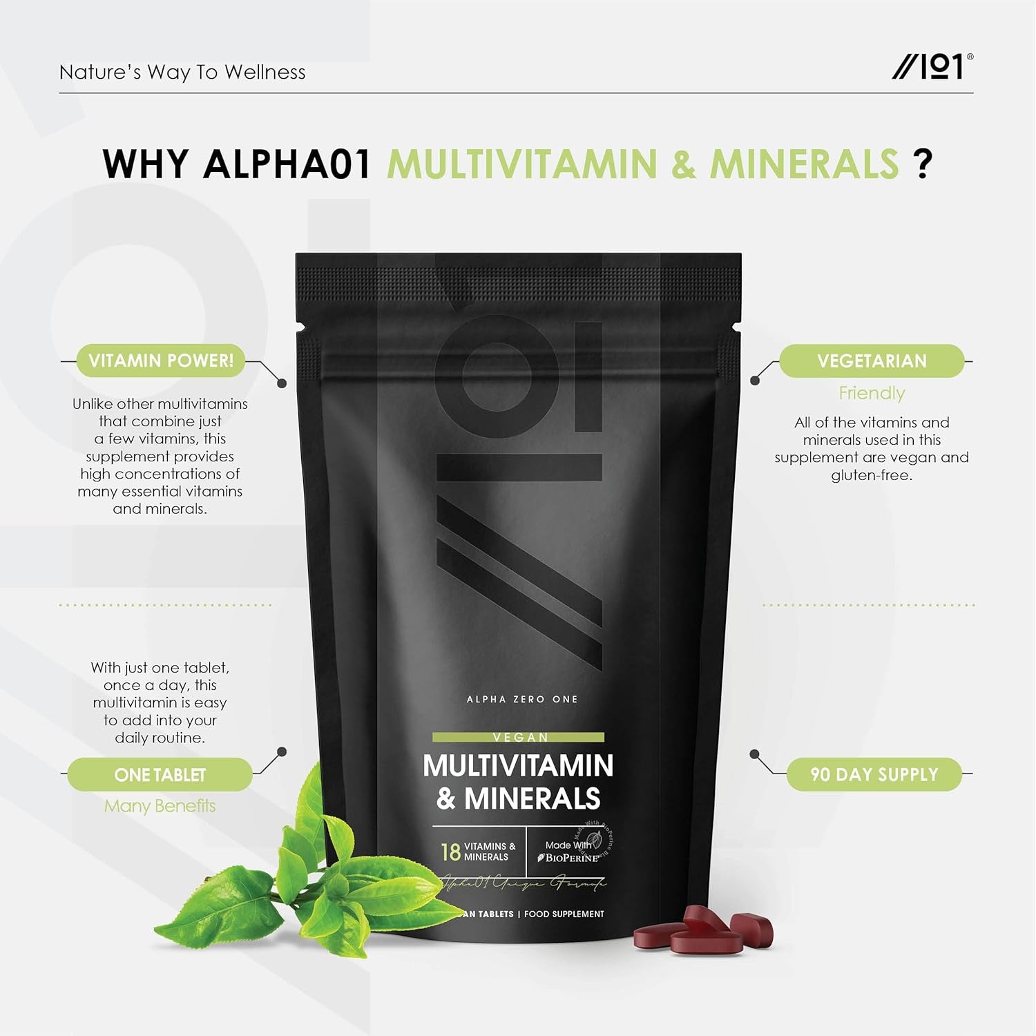 Multivitamins & Minerals for Men and Women – 90 Vegan Tablets – High Strength 18 Essential Vitamins & Minerals with Iron, Vitamin C, B12 & D3 – by Alpha01