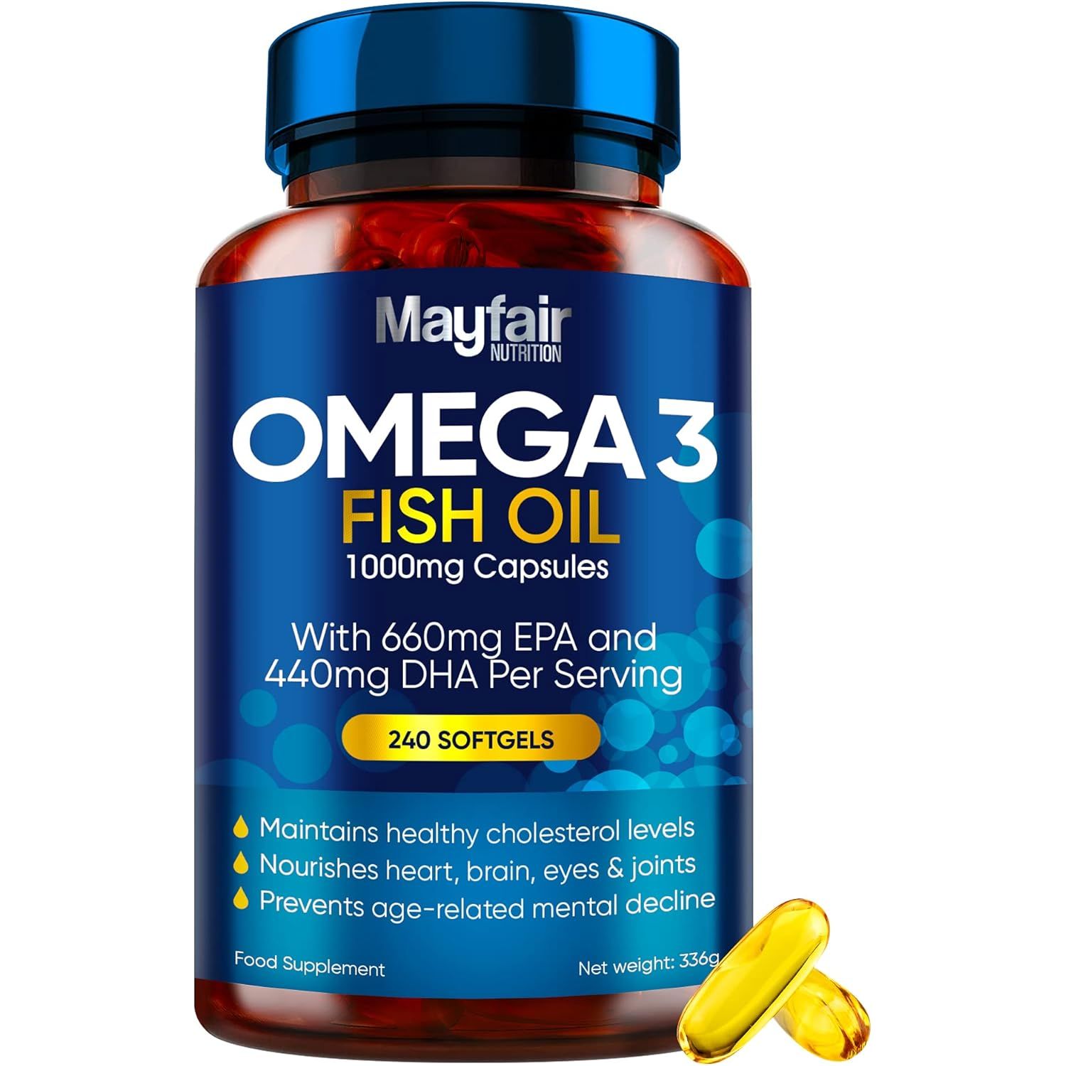 Omega 3 1000Mg Capsules - 240 Fish Oil Tablets with 660Mg EPA & 440Mg DHA per Daily Serving - Supports Heart, Vision, & Brain Health - 4 Months Supply - Made in UK…