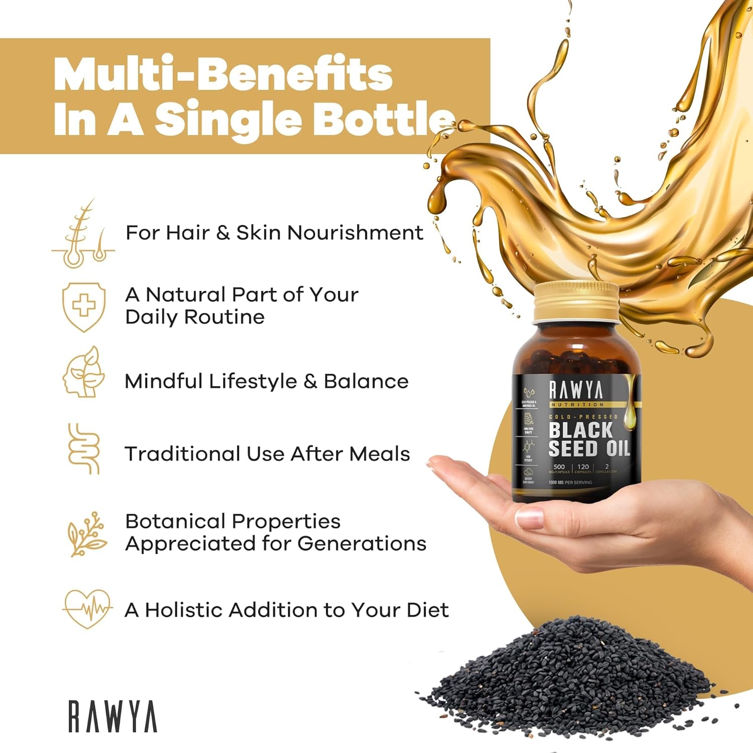 Rawya Black Seed Oil - 120 Softgel Capsules, Cold-Pressed Nigella Sativa, Pure Black Cumin Seed Oil, Rich in Omega Fatty Acids, Cumin Seeds for Radiant Skin & Hair Nourishment - 500Mg Each