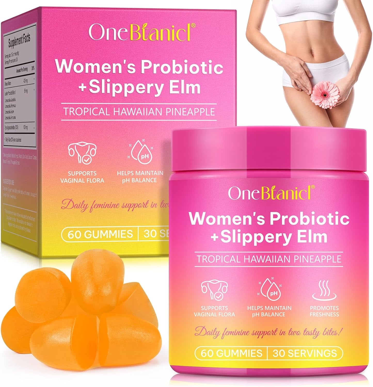 Probiotics for Women Gummies with Slippery Elm, Vegan Intimate Feminine Balance Probiotics Gummies Pineapple Flavor Supports Ph Balance, Gut Health & Immune System 60 Gummies