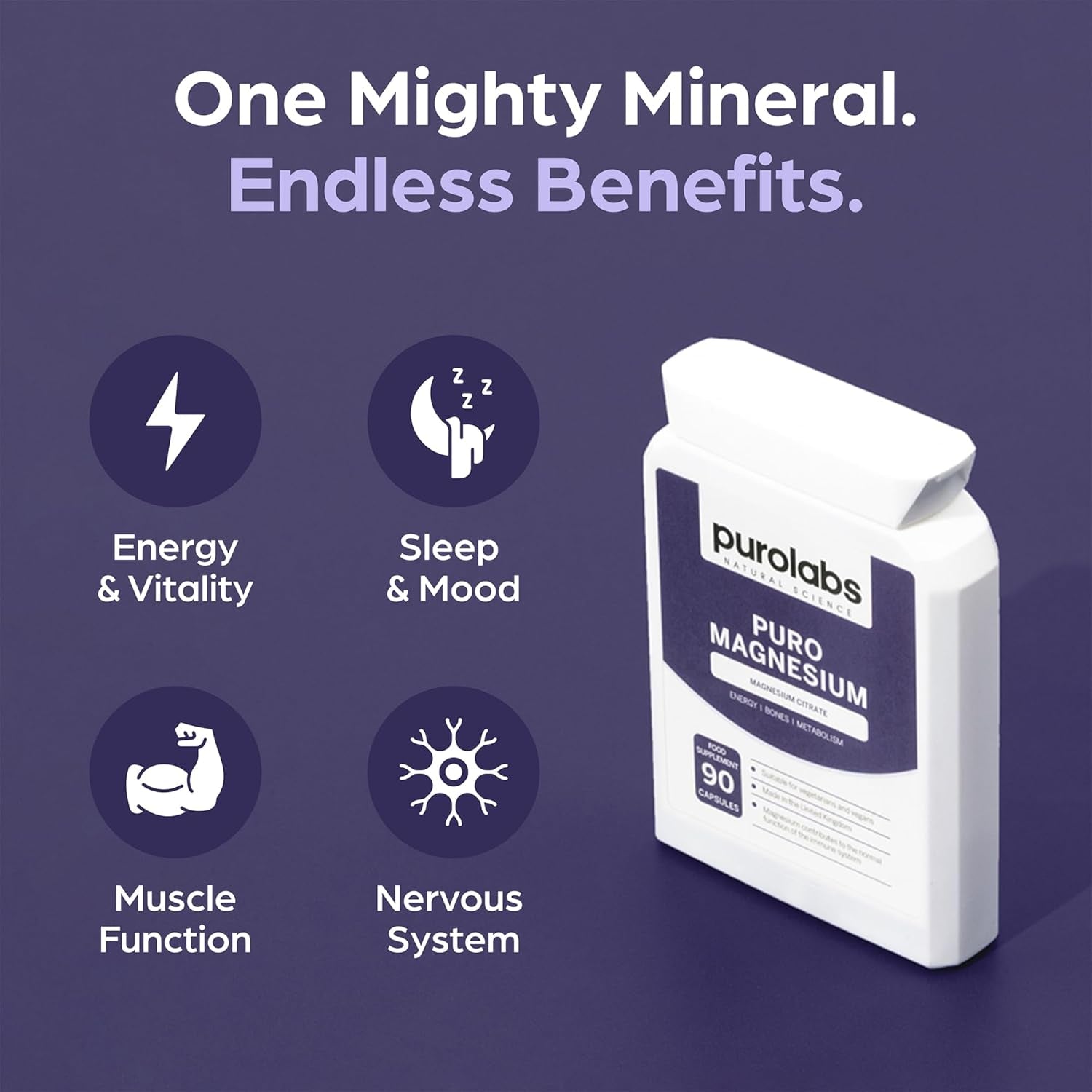 Purolabs Magnesium Citrate - High Strength Non-Buffered Magnesium - Superior Absorption for Sleep, Energy & Muscle Function - Vegan - Clean Formula - 90 Capsules