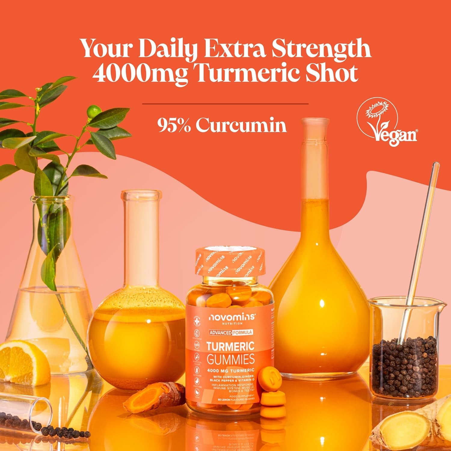 Turmeric Gummies – 4000Mg High Strength Turmeric and Ginger Gummies with Curcumin, Black Pepper & Vitamin D – Tumeric Supplements Joint Support –Immunity, Muscle & Bone – Novomins