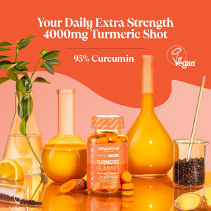 Turmeric Gummies – 4000Mg High Strength Turmeric and Ginger Gummies with Curcumin, Black Pepper & Vitamin D – Tumeric Supplements Joint Support –Immunity, Muscle & Bone – Novomins