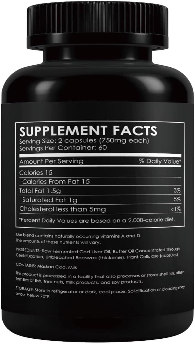 R&M Health Alaskan Fermented Cod Liver Oil and Concentrated Butter Oil Capsules - 120 per Bottle (Unflavoured). Rich in Vitamin a and D, Omega 3 Supplement 180 Ml
