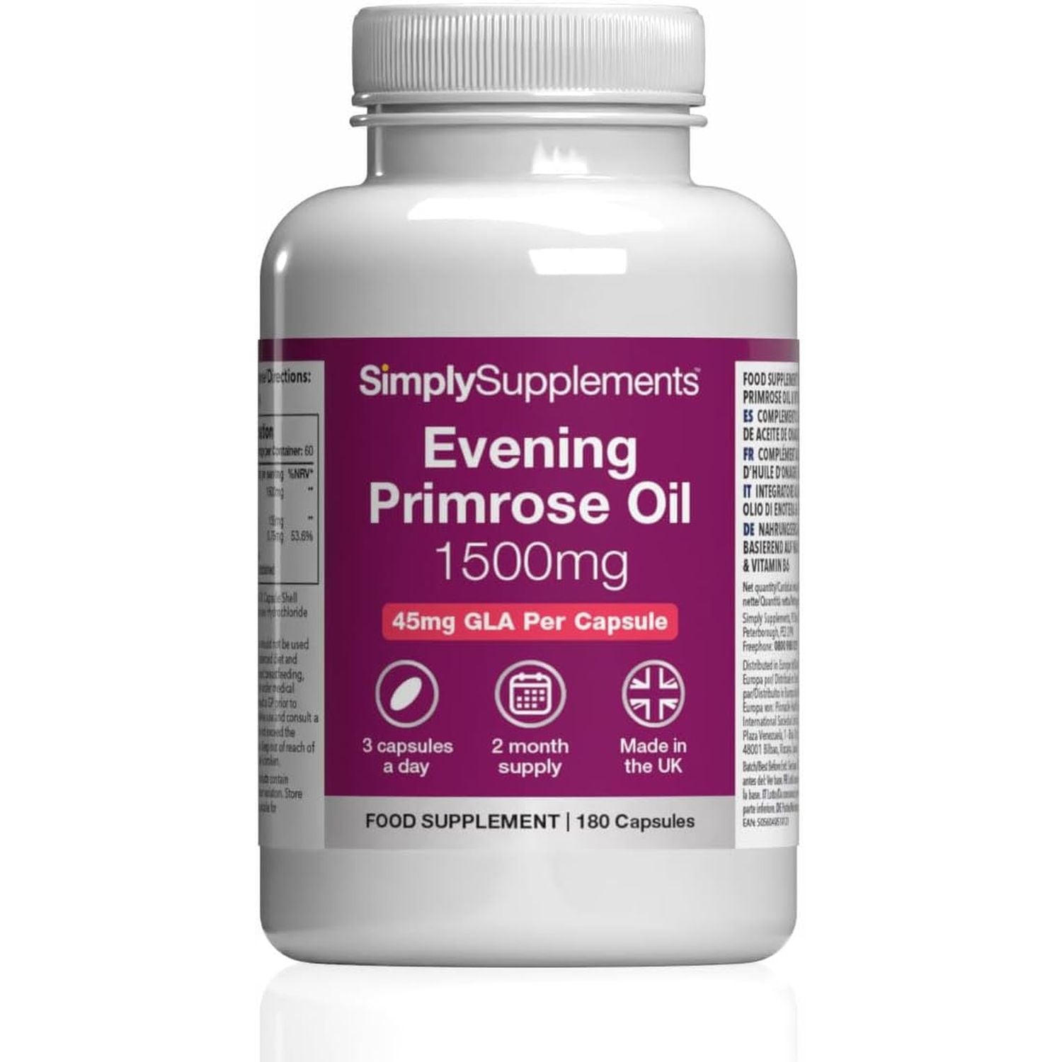 Evening Primrose Oil 1500Mg | 180 Capsules | Cold Pressed Soft Gel Capsules | Contains Rich Concentrations of Gamma Linolenic Acid (GLA)