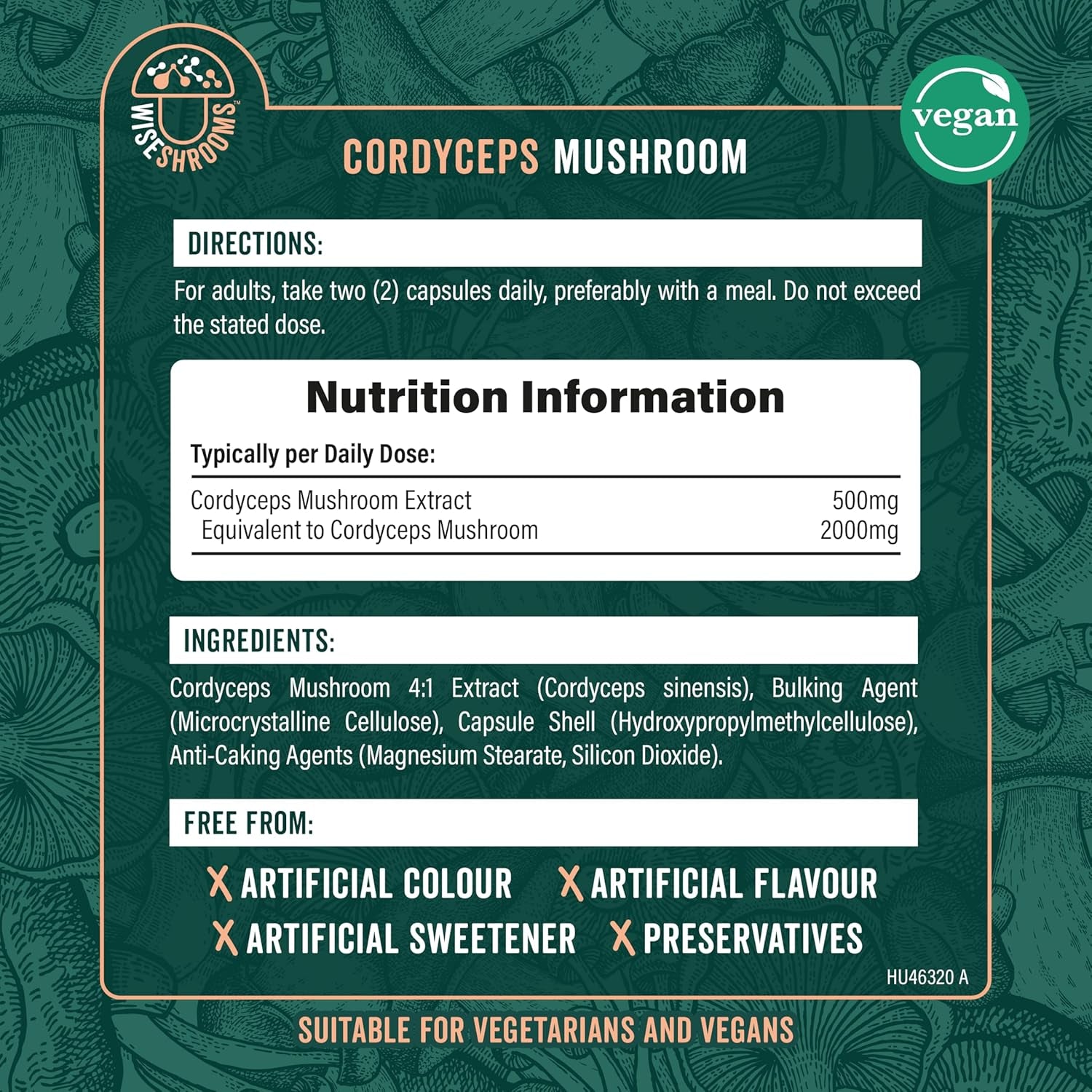 Cordyceps Capsules 2000Mg | Cordyceps Mushroom Extract Supplement | 90 Capsules | Suitable for Vegetarians and Vegans | by Wiseshrooms