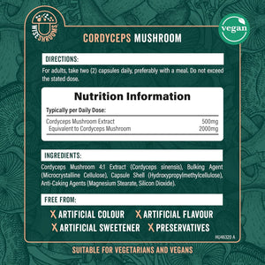 Cordyceps Capsules 2000Mg | Cordyceps Mushroom Extract Supplement | 90 Capsules | Suitable for Vegetarians and Vegans | by Wiseshrooms