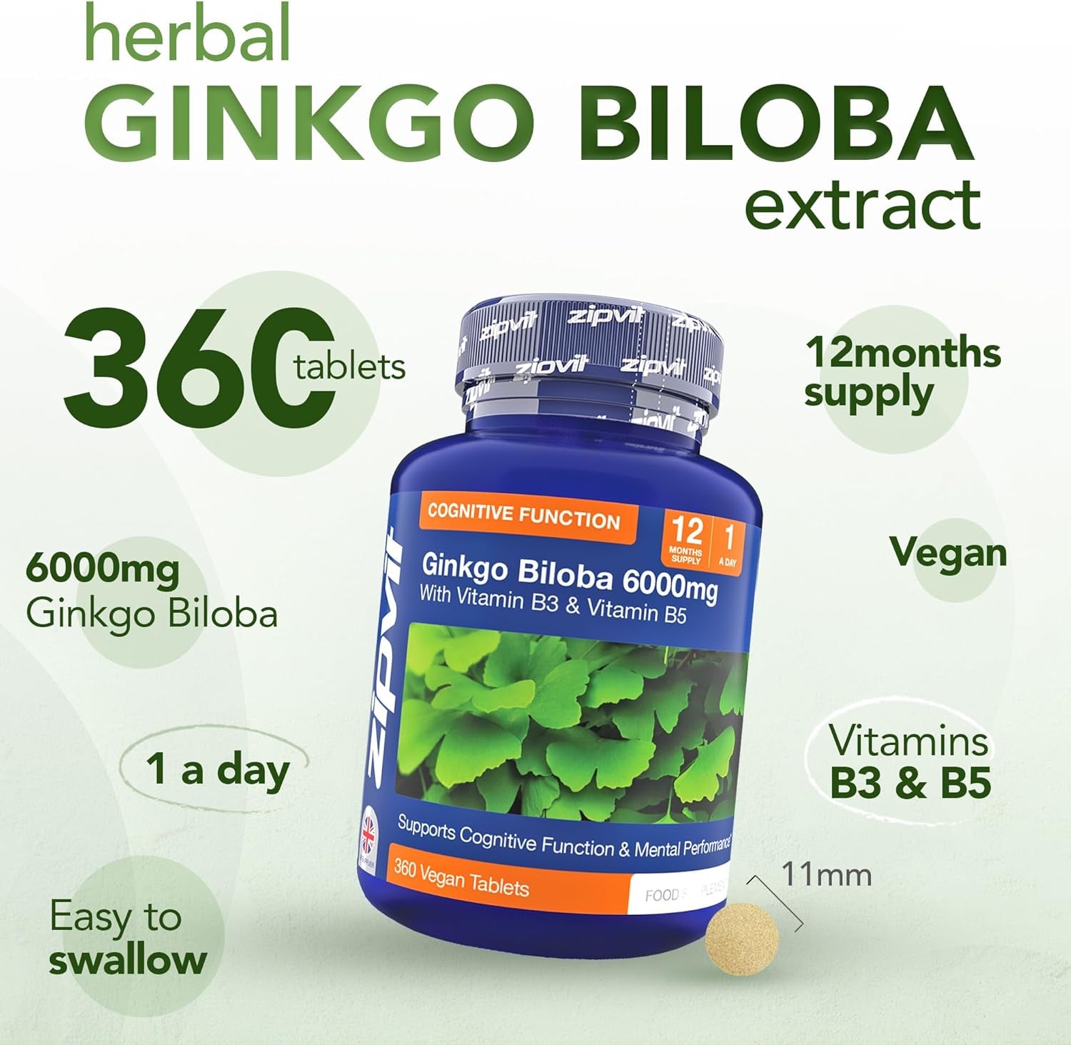 Zipvit Ginkgo Biloba 6000Mg with Vitamins B3 & B5, 360 Vegan Tablets, Supports Memory, Focus, Brain Health & Cognitive Wellness, Standardised 50:1 Leaf Extract, 12 Months Supply.