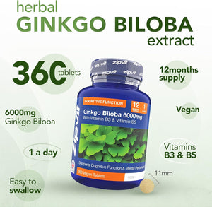 Zipvit Ginkgo Biloba 6000Mg with Vitamins B3 & B5, 360 Vegan Tablets, Supports Memory, Focus, Brain Health & Cognitive Wellness, Standardised 50:1 Leaf Extract, 12 Months Supply.
