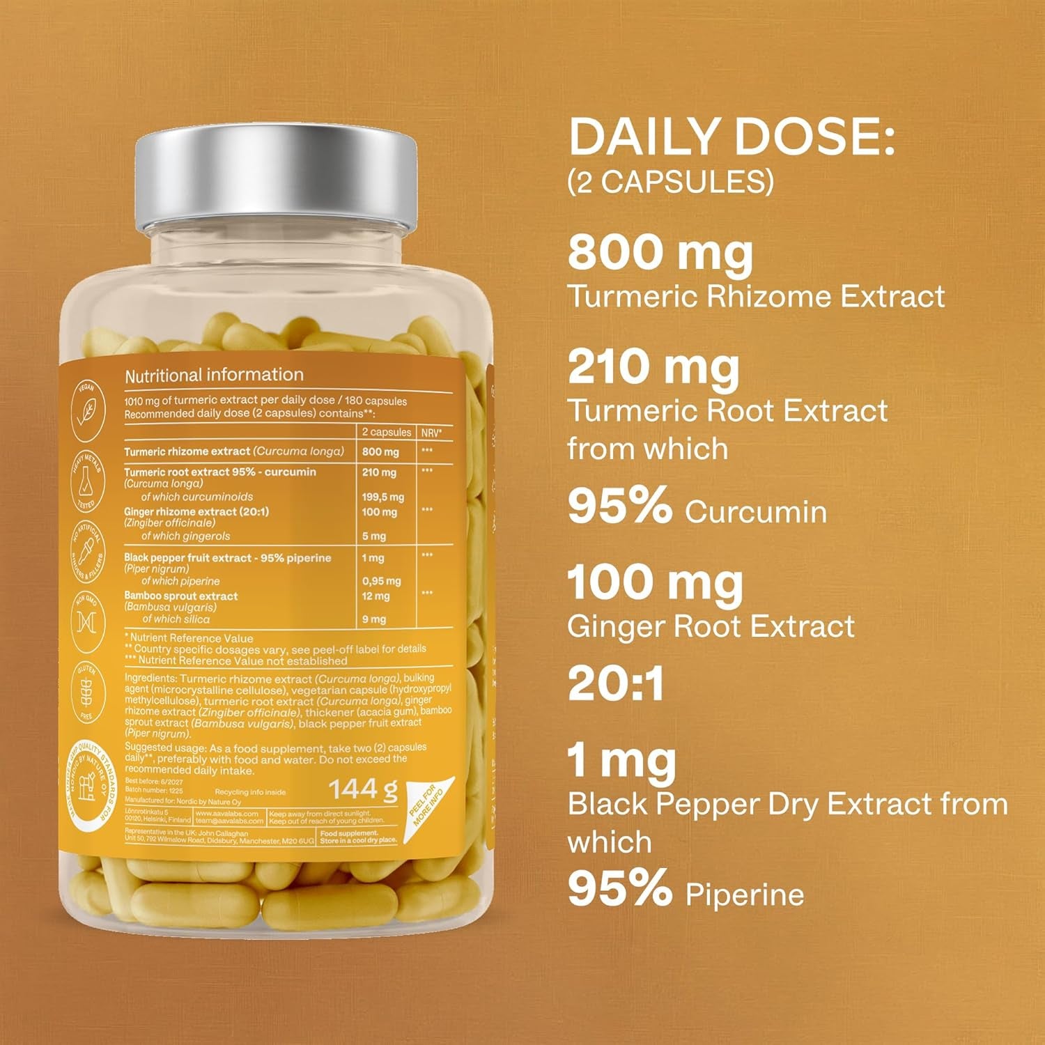 Turmeric and Black Pepper Capsules with Ginger Root Extract - Not Turmeric Tablets - 95% Curcumin Extract, Ginger & Piperine - 180 Capsules - 3 Months Supply - Vegan