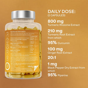 Turmeric and Black Pepper Capsules with Ginger Root Extract - Not Turmeric Tablets - 95% Curcumin Extract, Ginger & Piperine - 180 Capsules - 3 Months Supply - Vegan