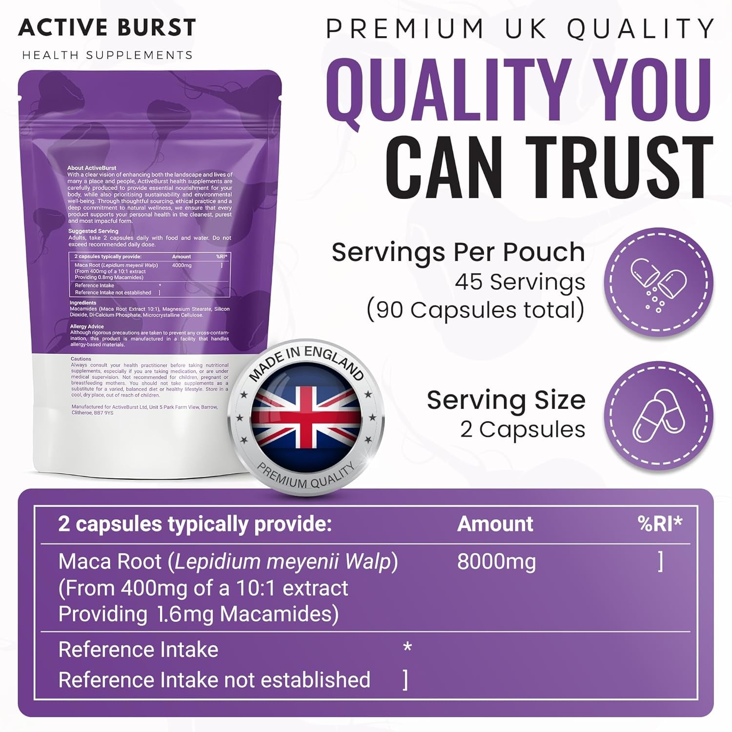 Macaroot Ultra – Maca Root Capsules 8000Mg | Peruvian Ginseng 10:1 Extract | 1.6Mg Macamides | Energy, Mood & Hormone Support | Vegan, UK Produced, Lab Tested | 90 Capsules | Activeburst Nutrition