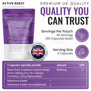 Macaroot Ultra – Maca Root Capsules 8000Mg | Peruvian Ginseng 10:1 Extract | 1.6Mg Macamides | Energy, Mood & Hormone Support | Vegan, UK Produced, Lab Tested | 90 Capsules | Activeburst Nutrition