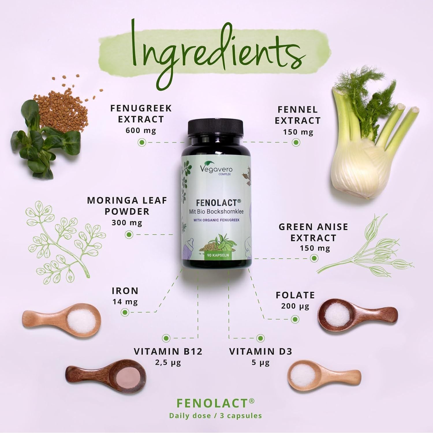 Vegavero Lactation Supplement | Breastfeeding Vitamins | Organic Fenugreek, Iron, Folic Acid and Vitamin D | NO Additives | 90 Capsules | Vegan