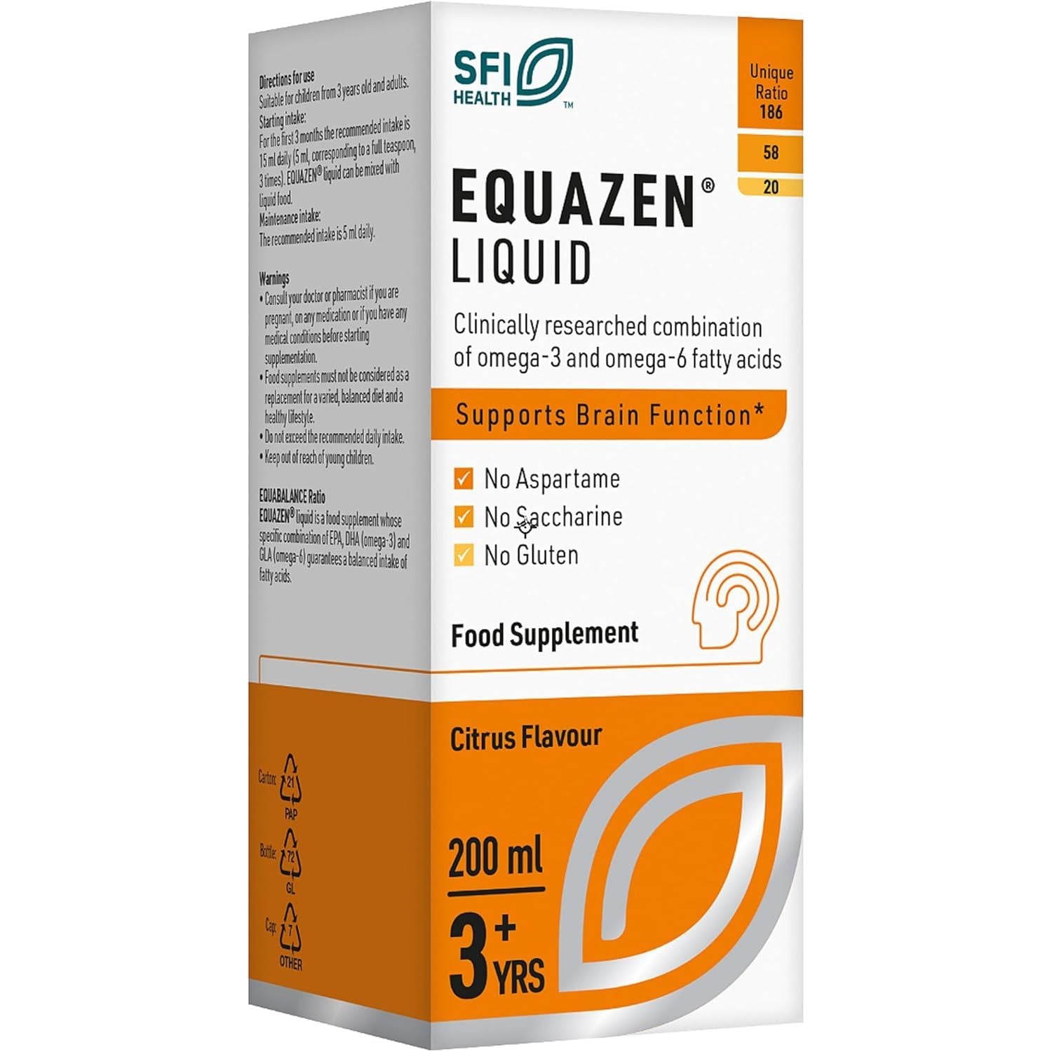 EQUAZEN Childrens Liquid | Omega 3 & 6 Supplement | Supports Brain Function | Blend of DHA, EPA & GLA | Suitable from 3+ to Adults | 200 Ml Citrus Flavoured Liquid