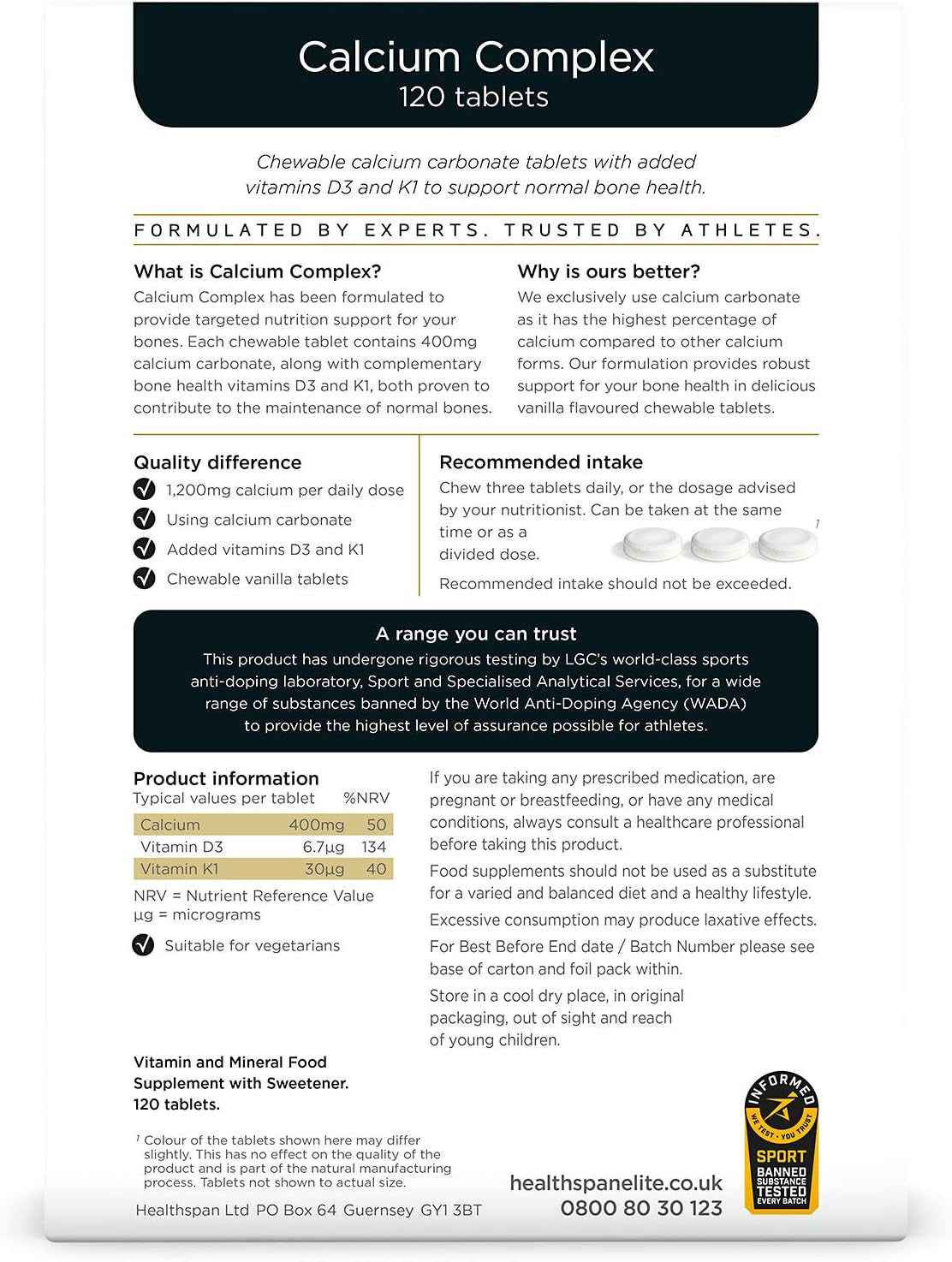 Healthspan Elite Calcium Complex 1,200Mg | 120 Tablets | All Blacks Official Partner | Added Vitamin D3 and Vitamin K1 | Bone Health | Vanilla Chewable Tablets | Informed Sport Accredited | Vegetarian