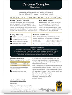 Healthspan Elite Calcium Complex 1,200Mg | 120 Tablets | All Blacks Official Partner | Added Vitamin D3 and Vitamin K1 | Bone Health | Vanilla Chewable Tablets | Informed Sport Accredited | Vegetarian