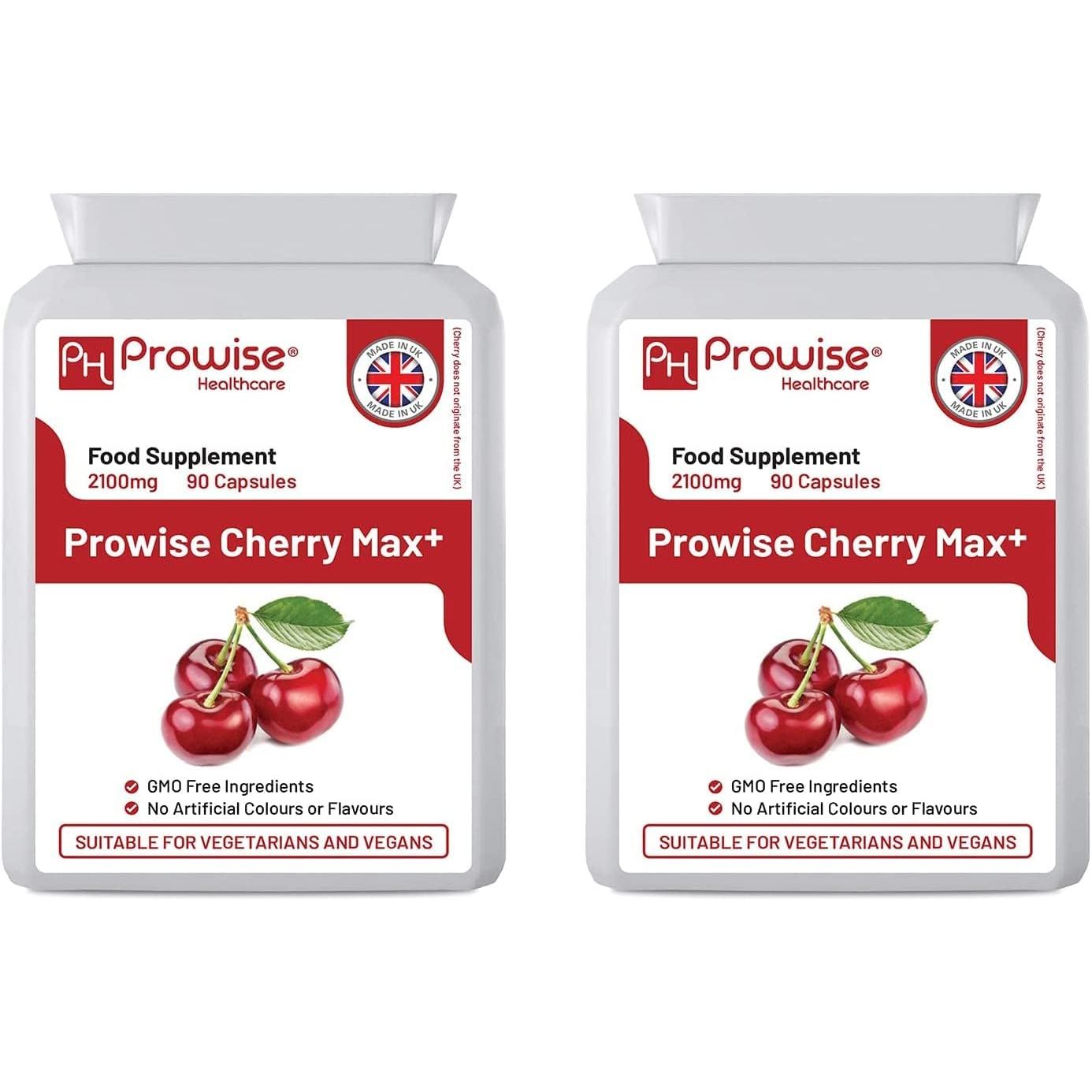 Cherry Max+ (Pack of 2) 2100Mg Montmorency Cherry Added with Black Cherry I 90 Vegan Capsules High Strength I Made in the UK by Prowise Healthcare