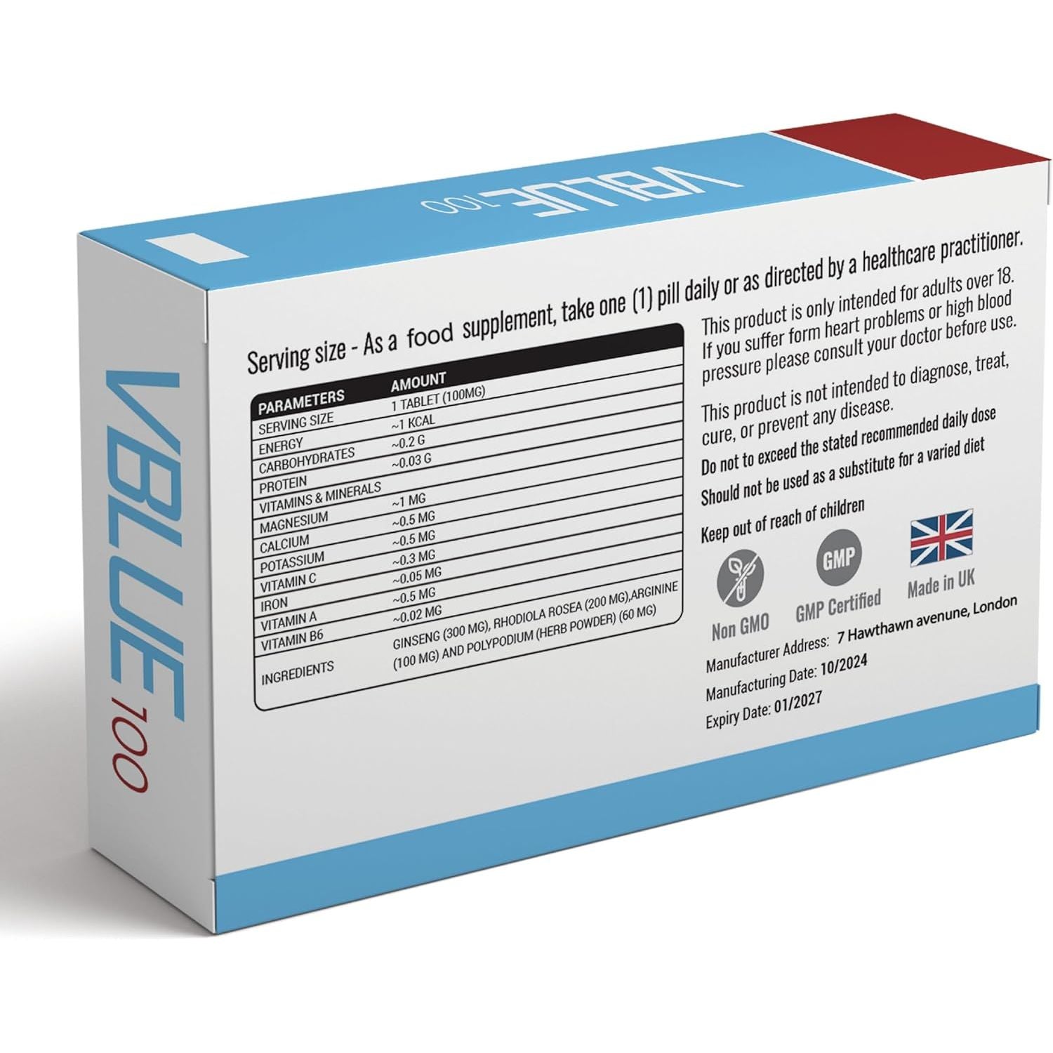 V Blue Natural Male Supplement, Fast Acting Long Lasting Performance | 100Mg, 10 Tablets | for Men | All Natural